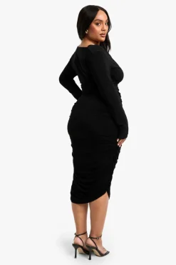 Midi Dresses*boohoo Plus Slinky Cowl Neck Ruched Midi Dress black
