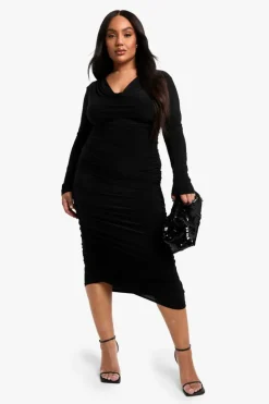 Midi Dresses*boohoo Plus Slinky Cowl Neck Ruched Midi Dress black