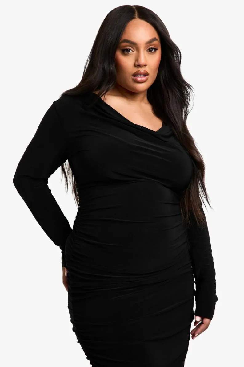 Midi Dresses*boohoo Plus Slinky Cowl Neck Ruched Midi Dress black