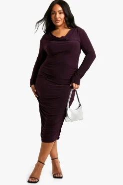 Midi Dresses*boohoo Plus Slinky Cowl Neck Ruched Midi Dress blackcurrant