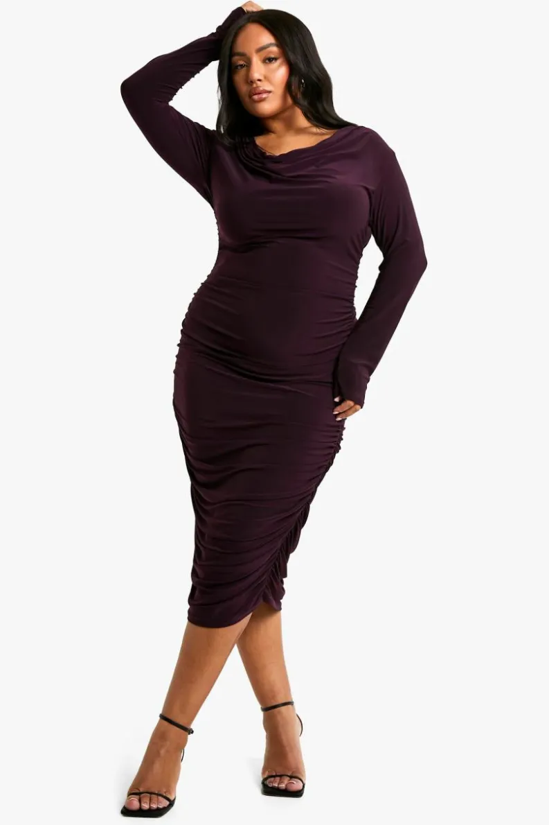 Midi Dresses*boohoo Plus Slinky Cowl Neck Ruched Midi Dress blackcurrant