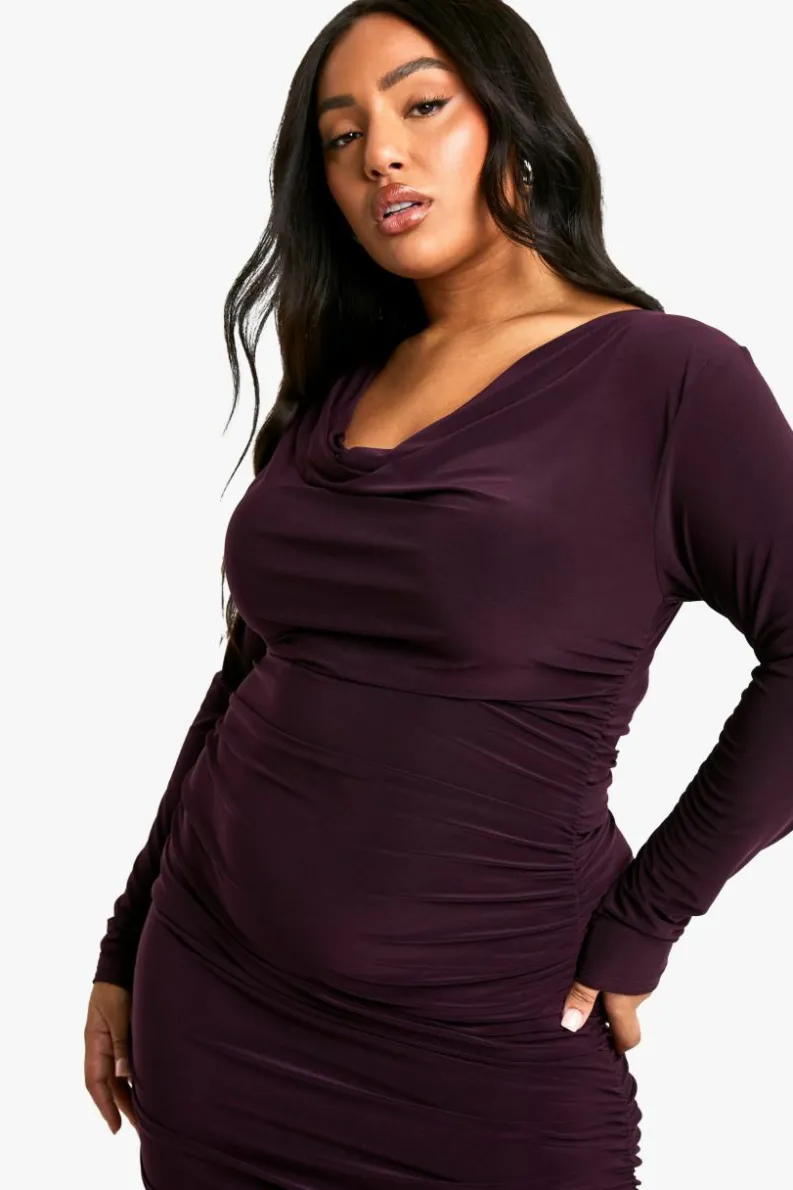 Midi Dresses*boohoo Plus Slinky Cowl Neck Ruched Midi Dress blackcurrant