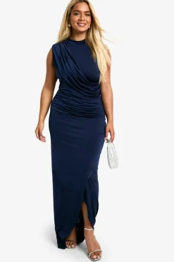 Wrap Dresses*boohoo Plus Slinky Wrap Detail Maxi Dress navy