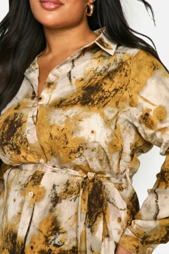 Shirt Dresses|Mini Dresses*boohoo Plus Smudge Abstarct Printed Tie Belt Shirt Dress yellow
