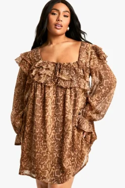 Smock Dresses*boohoo Plus Print Ruffle Smock Mini Dress snake