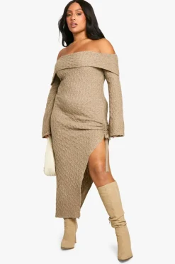 Jumper Dresses|Jumper Dresses*boohoo Plus Soft Cable Asymmetric Hem Bardot Maxi Dress mocha