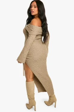 Jumper Dresses|Jumper Dresses*boohoo Plus Soft Cable Asymmetric Hem Bardot Maxi Dress mocha