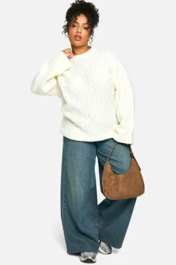 Oversized Jumpers|Jumpers*boohoo Plus Soft Cable Knit Oversized Jumper cream