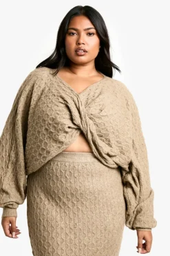 Up To 80% Off Winter Warmers*boohoo Plus Soft Cable Twist Front Crop Jumper And Maxi Skirt Set mocha