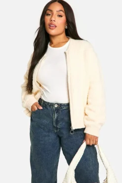 Cardigans*boohoo Plus Soft Knit Boucle Bomber Cardigan ecru