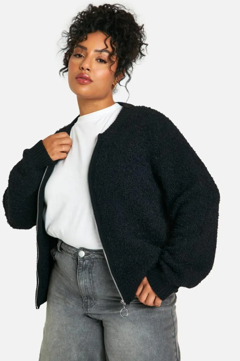 Cardigans*boohoo Plus Soft Knit Boucle Bomber Cardigan black
