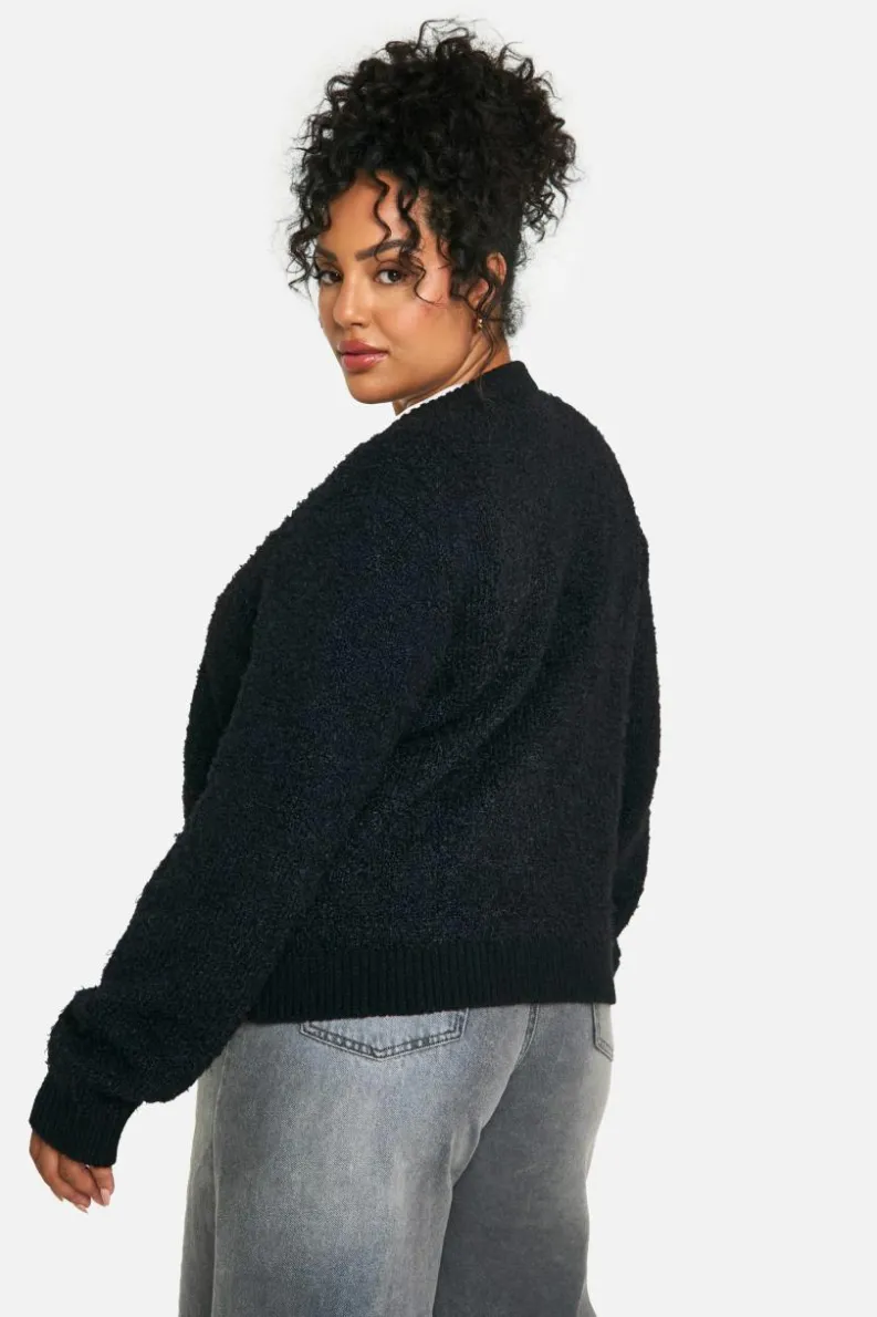 Cardigans*boohoo Plus Soft Knit Boucle Bomber Cardigan black