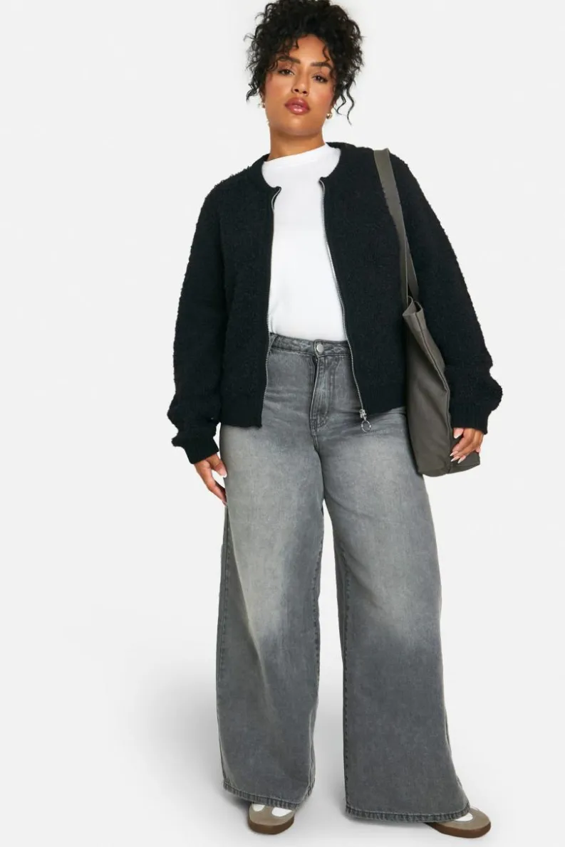 Cardigans*boohoo Plus Soft Knit Boucle Bomber Cardigan black