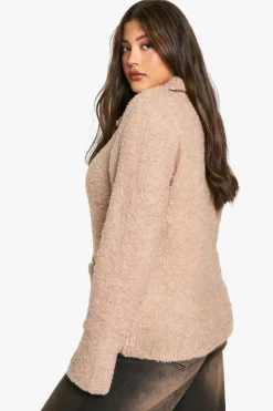 Cardigans*boohoo Plus Soft Knit Boucle Zip Through Collared Cardigan ecru