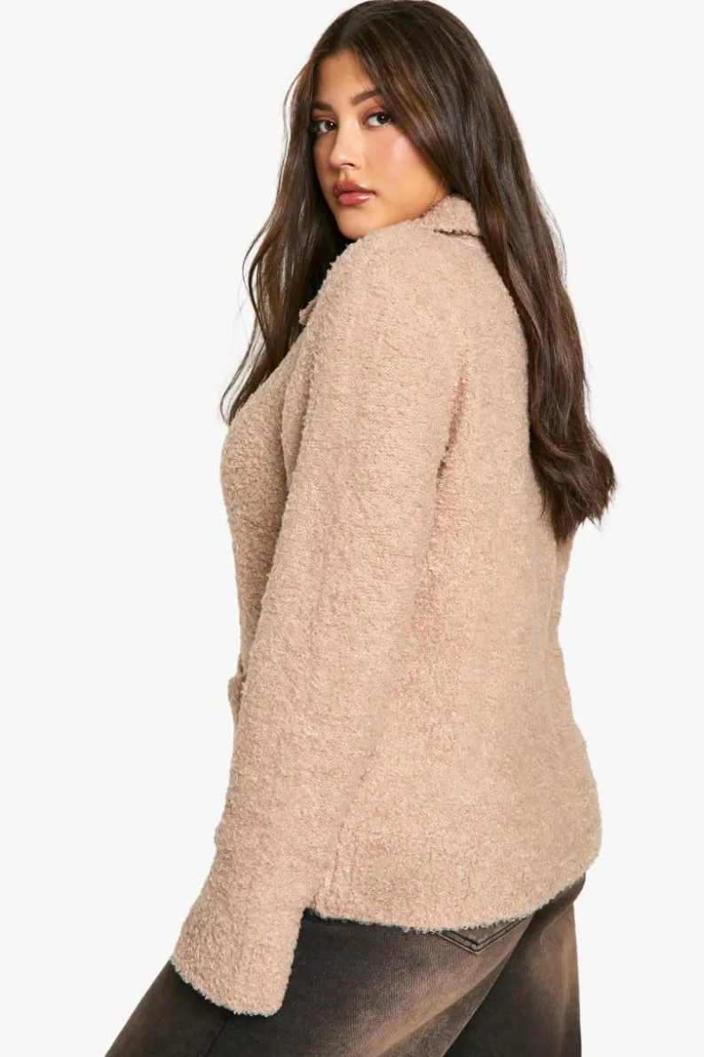 Cardigans*boohoo Plus Soft Knit Boucle Zip Through Collared Cardigan ecru