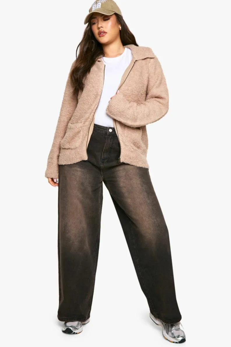 Cardigans*boohoo Plus Soft Knit Boucle Zip Through Collared Cardigan ecru