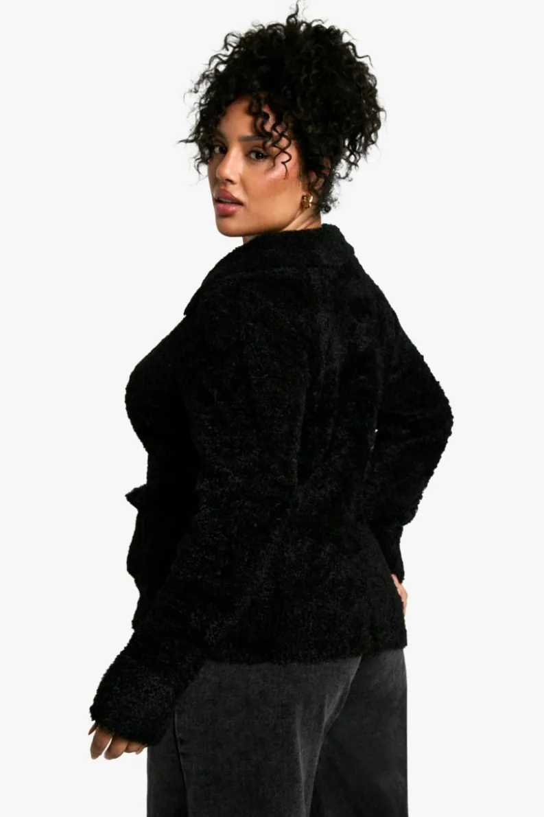 Cardigans*boohoo Plus Soft Knit Boucle Zip Through Collared Cardigan black