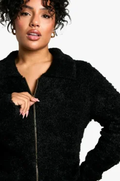 Cardigans*boohoo Plus Soft Knit Boucle Zip Through Collared Cardigan black