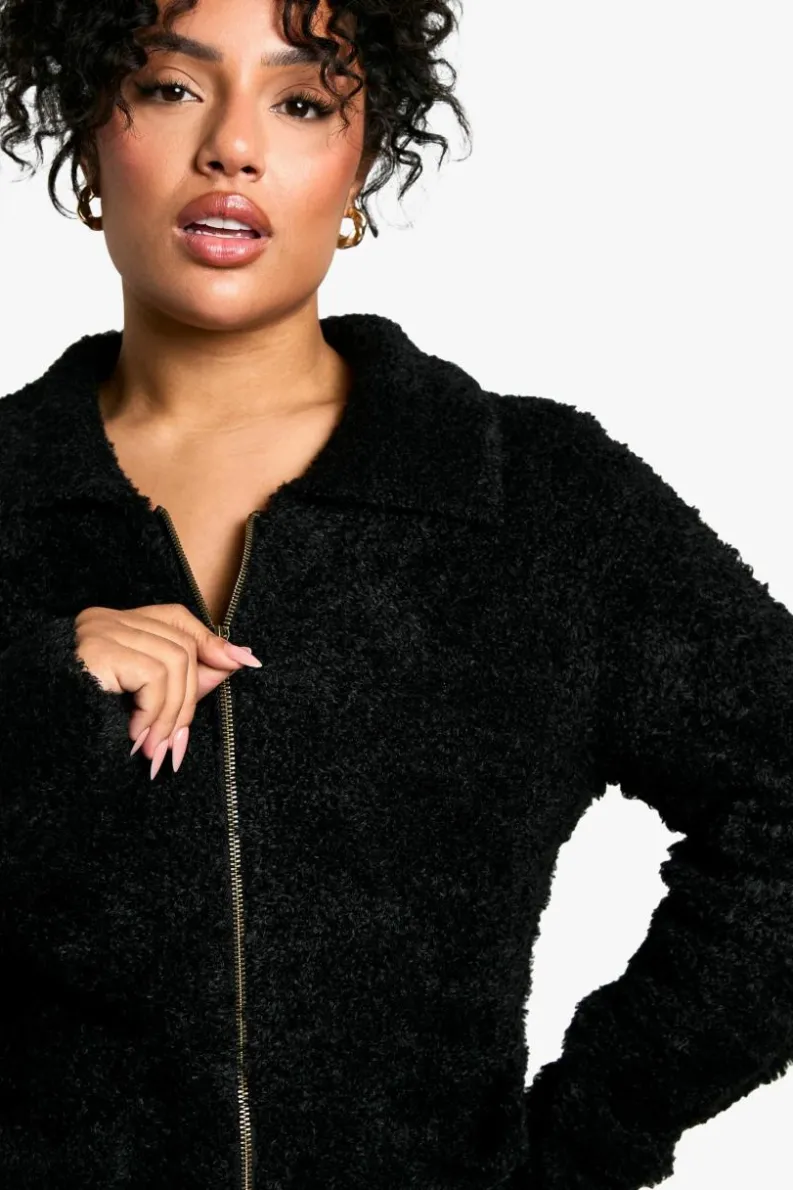 Cardigans*boohoo Plus Soft Knit Boucle Zip Through Collared Cardigan black