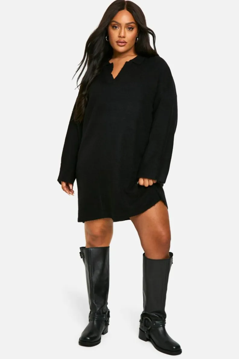 Jumper Dresses|Jumper Dresses*boohoo Plus Soft Knit Fine Gauge Polo Collar Jumper Dress black