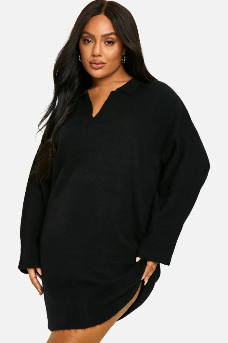 Jumper Dresses|Jumper Dresses*boohoo Plus Soft Knit Fine Gauge Polo Collar Jumper Dress black