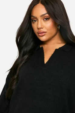 Jumper Dresses|Jumper Dresses*boohoo Plus Soft Knit Fine Gauge Polo Collar Jumper Dress black