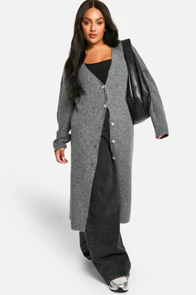 Cardigans*boohoo Plus Soft Knit Longline Knitted Cardigan grey