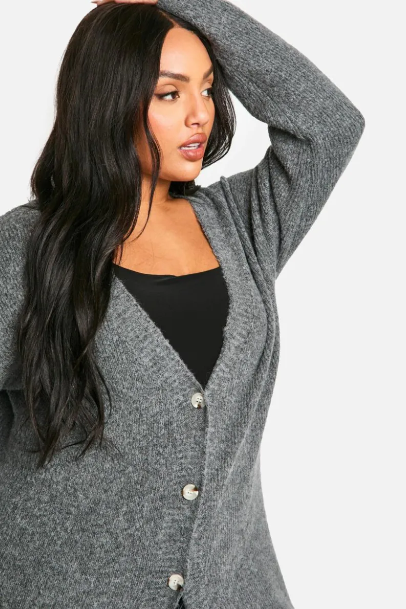 Cardigans*boohoo Plus Soft Knit Longline Knitted Cardigan grey