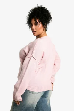 Jumpers|Knitwear*boohoo Plus Soft Knit Seam Detail V Neck Slouchy Jumper baby pink