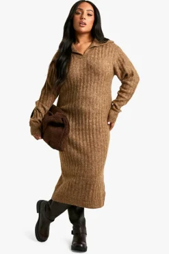 Maxi Dresses|Jumper Dresses*boohoo Plus Soft Knit Thick Rib Collar Detail Maxi Dress camel