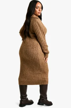 Maxi Dresses|Jumper Dresses*boohoo Plus Soft Knit Thick Rib Collar Detail Maxi Dress camel