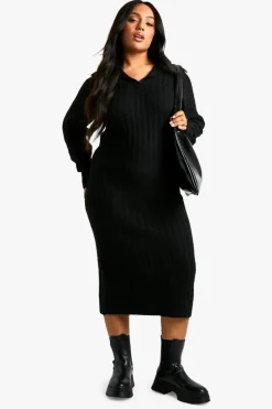 Maxi Dresses|Jumper Dresses*boohoo Plus Soft Knit Thick Rib Collar Detail Maxi Dress black