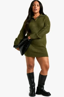 Jumper Dresses|Jumper Dresses*boohoo Plus Soft Knit Thick Rib Zip Neck Oversized Mini Dress khaki