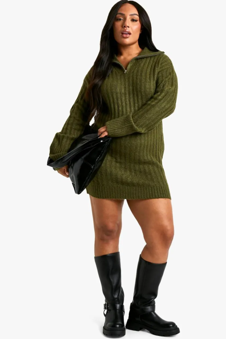 Jumper Dresses|Jumper Dresses*boohoo Plus Soft Knit Thick Rib Zip Neck Oversized Mini Dress khaki