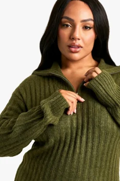Jumper Dresses|Jumper Dresses*boohoo Plus Soft Knit Thick Rib Zip Neck Oversized Mini Dress khaki