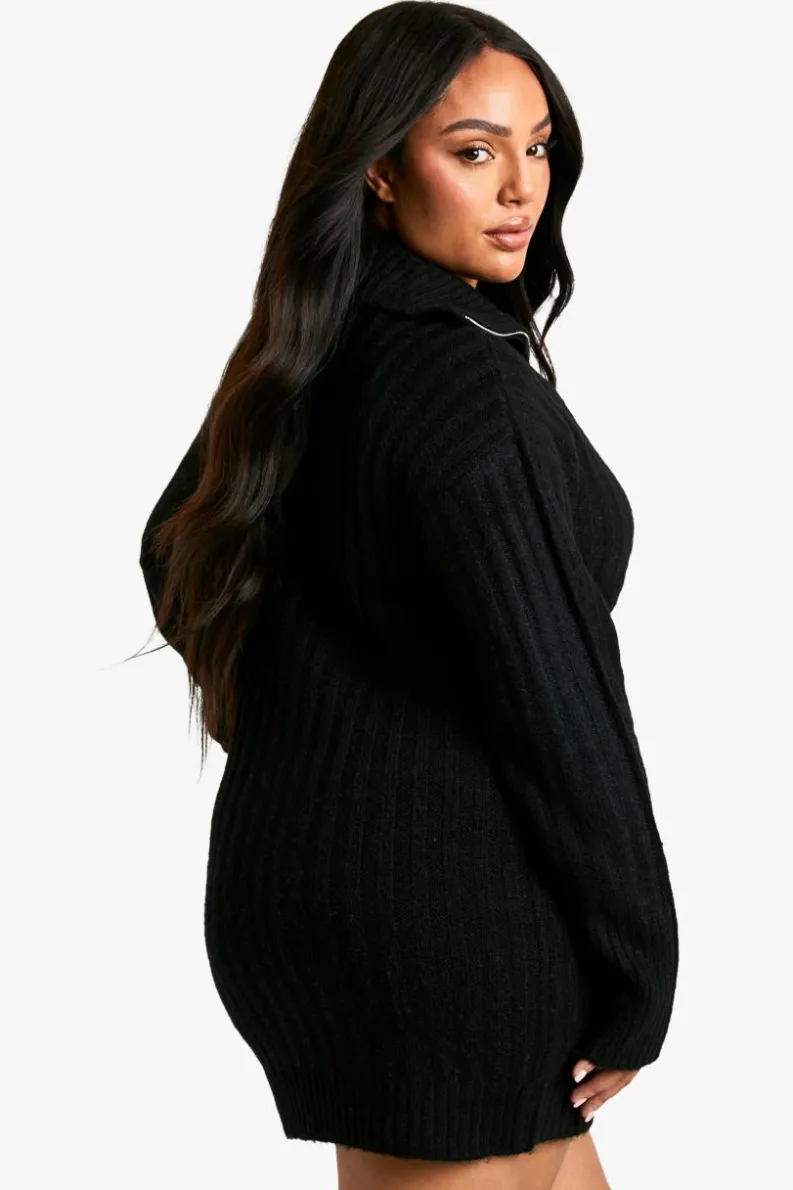 Jumper Dresses|Jumper Dresses*boohoo Plus Soft Knit Thick Rib Zip Neck Oversized Mini Dress black