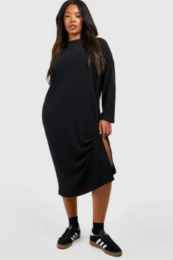 Midi Dresses*boohoo Plus Soft Rib Crew Neck Split Midi Dress black