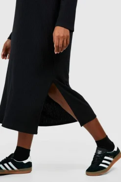 Midi Dresses*boohoo Plus Soft Rib Crew Neck Split Midi Dress black