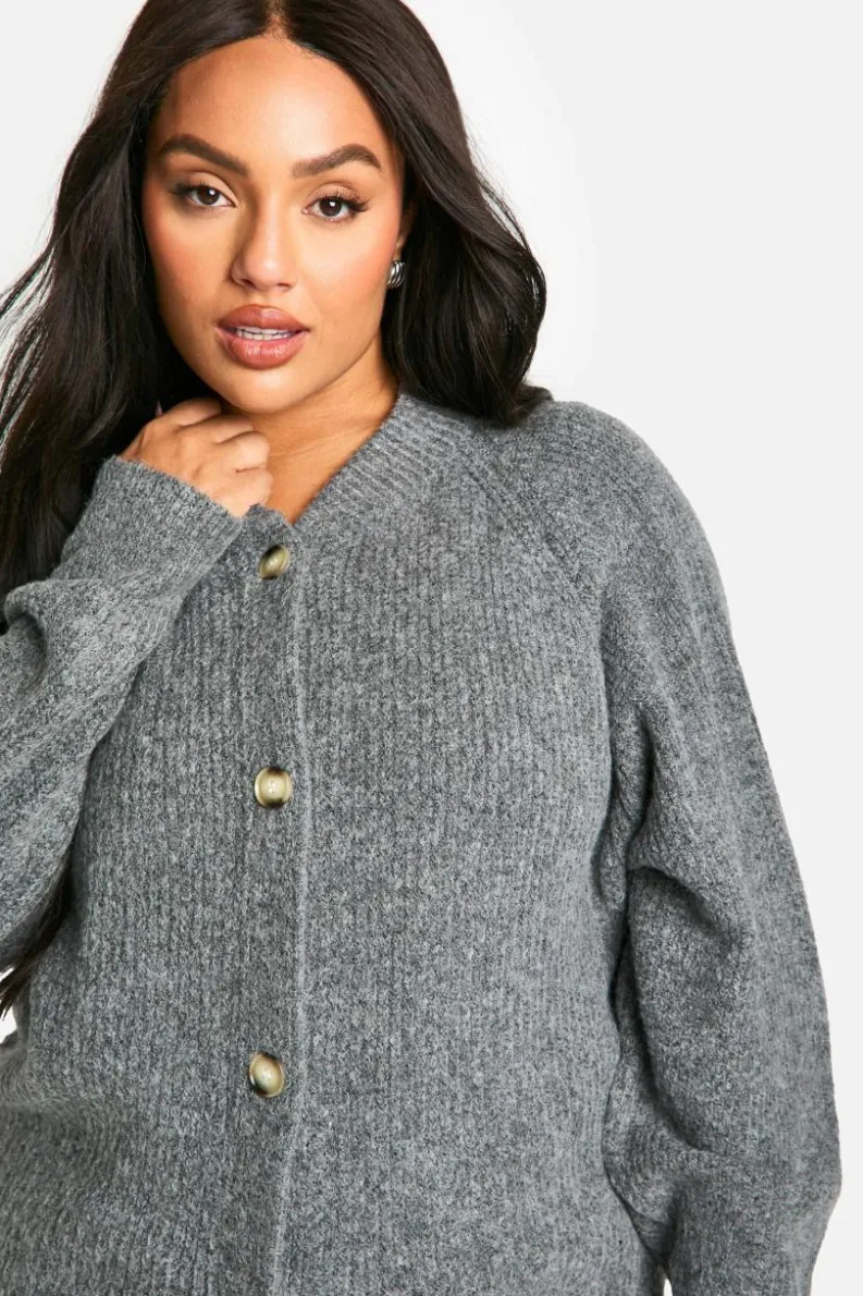 Cardigans*boohoo Plus Soft Rib Knit Bomber Cardigan charcoal