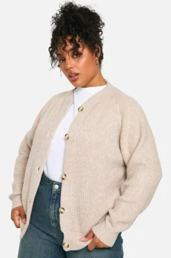 Cardigans*boohoo Plus Soft Rib Knit Bomber Cardigan oatmeal