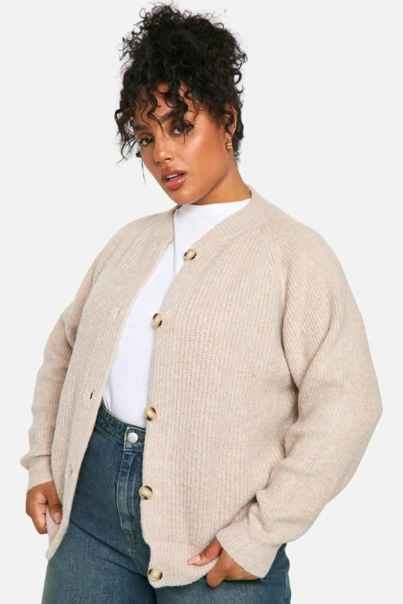 Cardigans*boohoo Plus Soft Rib Knit Bomber Cardigan oatmeal