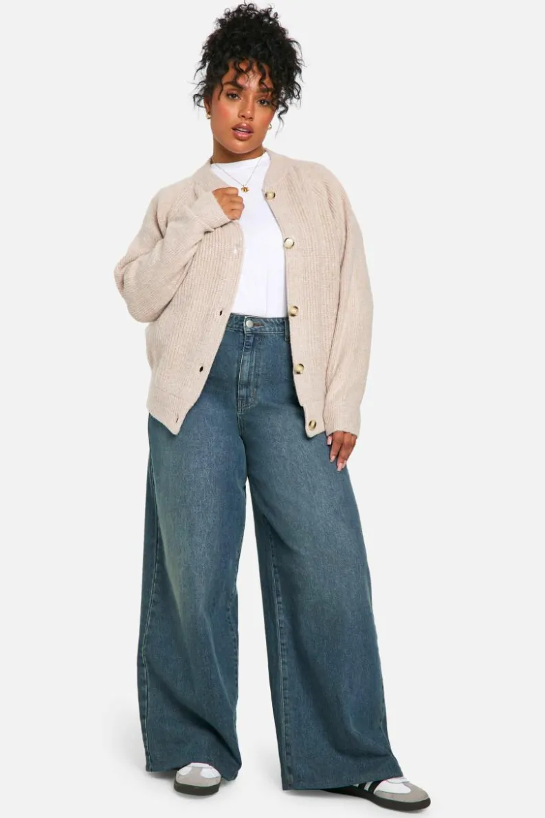 Cardigans*boohoo Plus Soft Rib Knit Bomber Cardigan oatmeal