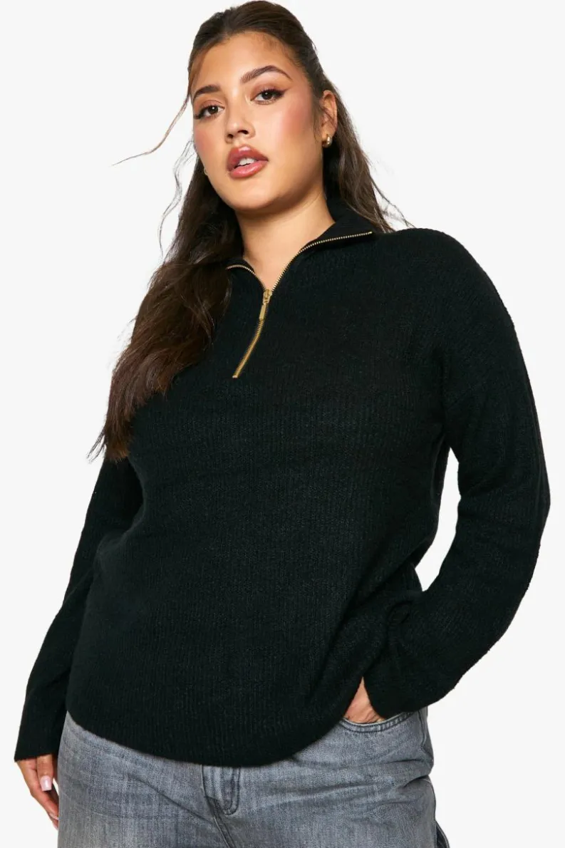 Jumpers|Jumpers & Cardigans*boohoo Plus Soft Rib Knit Half Zip Collar Jumper black