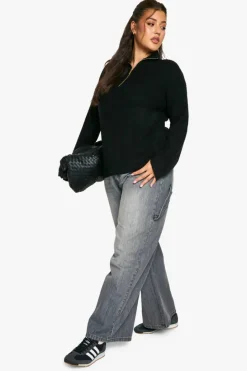 Jumpers|Jumpers & Cardigans*boohoo Plus Soft Rib Knit Half Zip Collar Jumper black