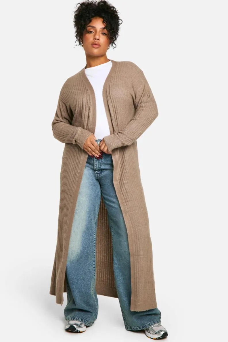Cardigans|Knitwear*boohoo Plus Soft Rib Knit Longline Maxi Edge To Edge Cardigan taupe