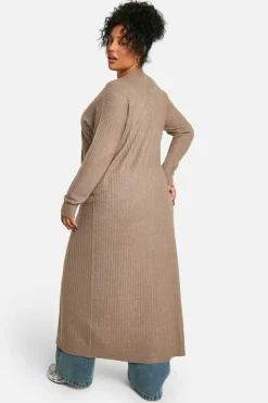 Cardigans|Knitwear*boohoo Plus Soft Rib Knit Longline Maxi Edge To Edge Cardigan taupe