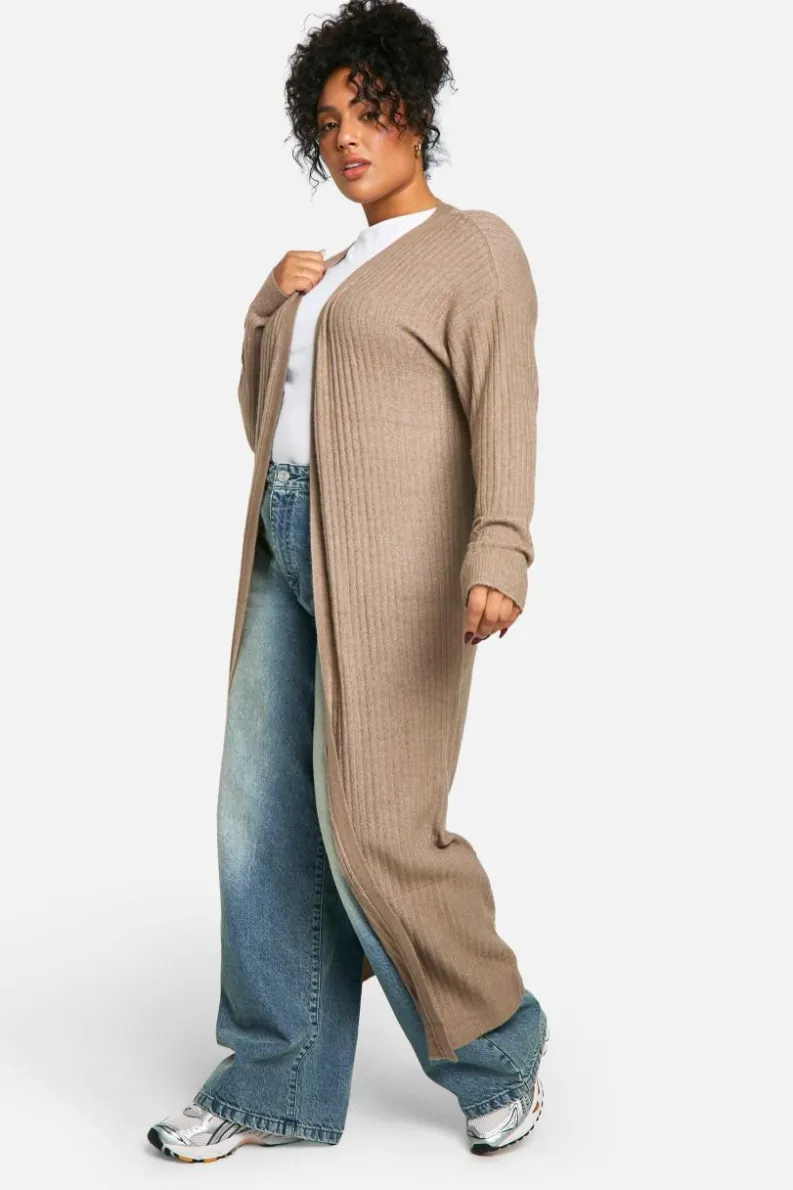 Cardigans|Knitwear*boohoo Plus Soft Rib Knit Longline Maxi Edge To Edge Cardigan taupe