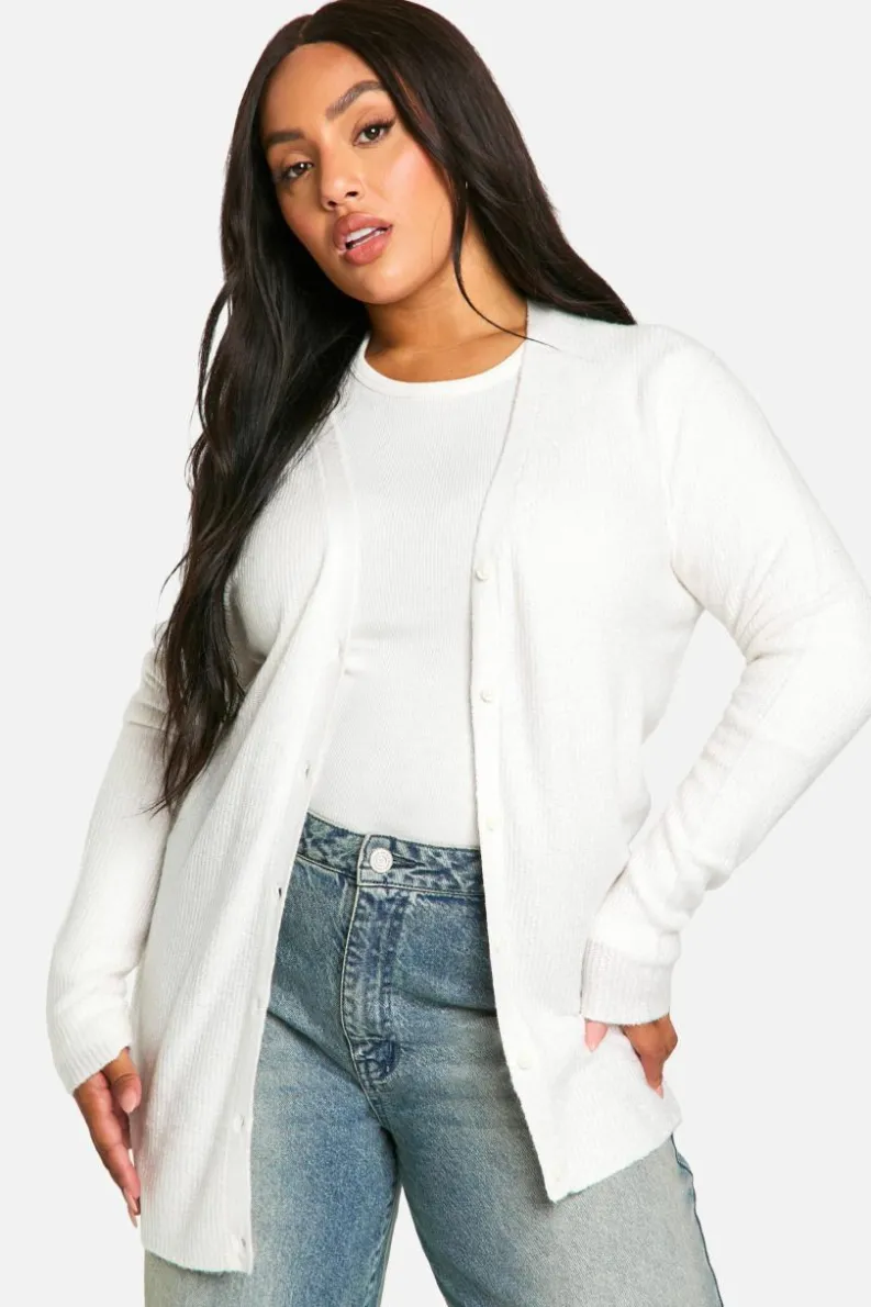 Cardigans*boohoo Plus Soft Rib Knit Slouchy Boyfriend Cardigan ecru