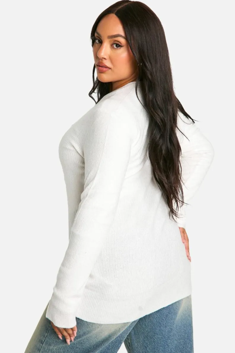 Cardigans*boohoo Plus Soft Rib Knit Slouchy Boyfriend Cardigan ecru
