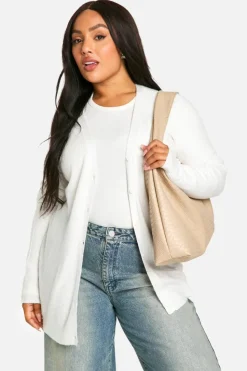 Cardigans*boohoo Plus Soft Rib Knit Slouchy Boyfriend Cardigan ecru